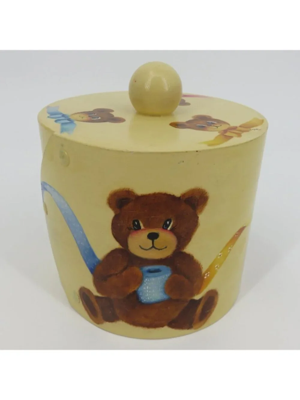 Hand Painted Teddy Bears Pink Blue Yellow Wood Toilet Roll Cover Granny Bathroom